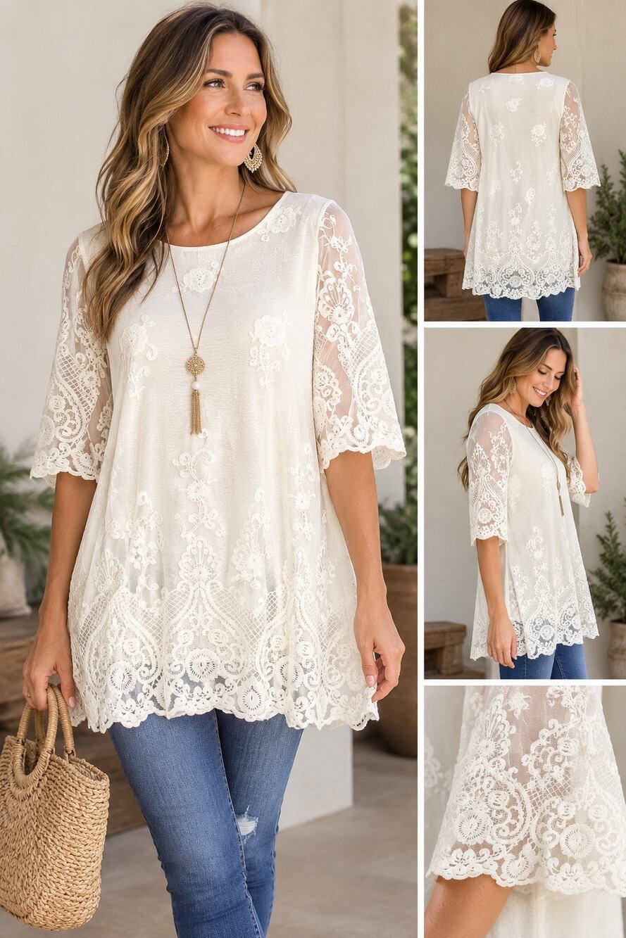 Simply Couture Ivory Embroidered Lace Mesh Tunic Dress Boho